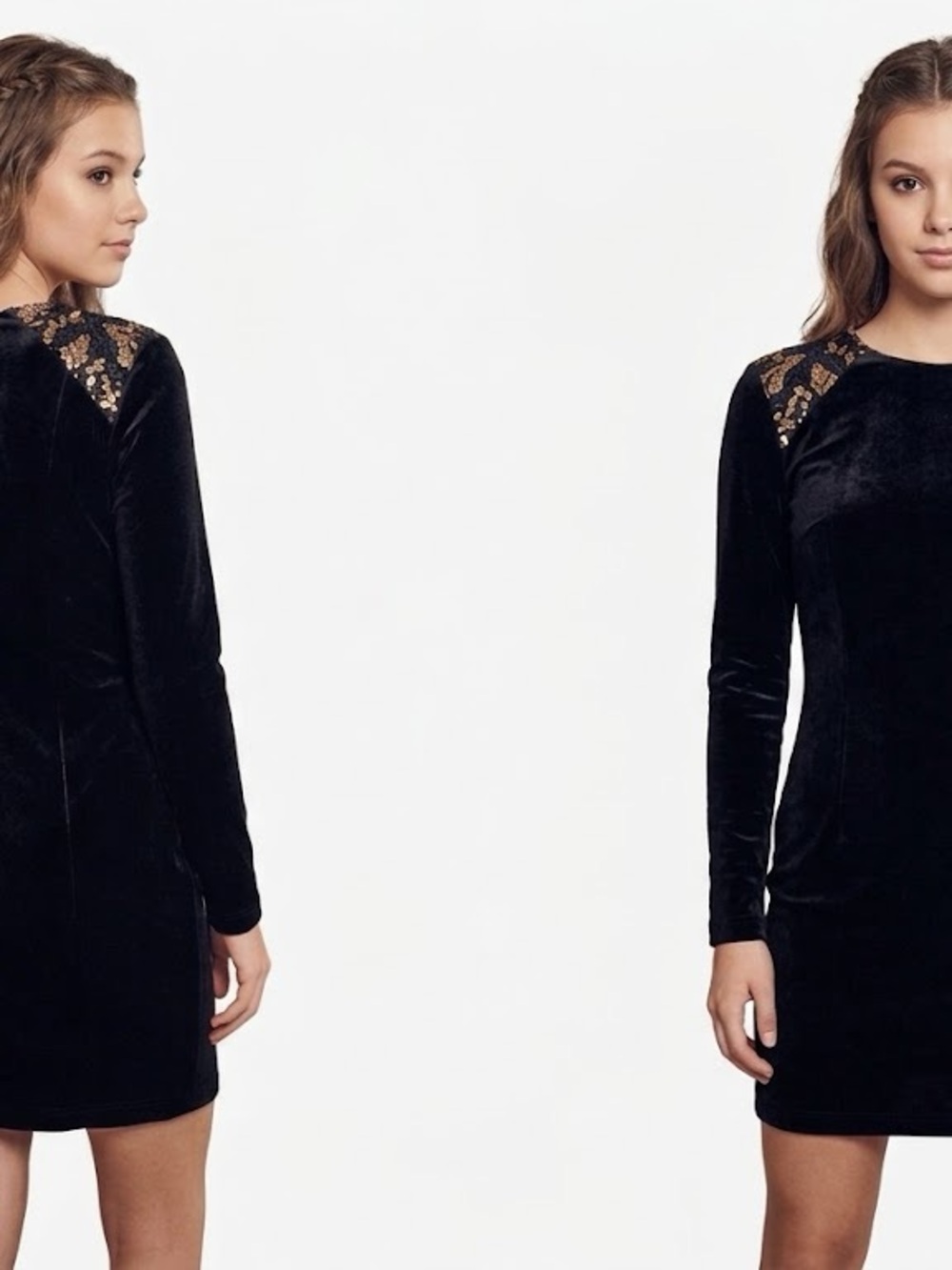 Black Velvet Long-Sleeve Dress with Gold Sequin Shoulder Detail